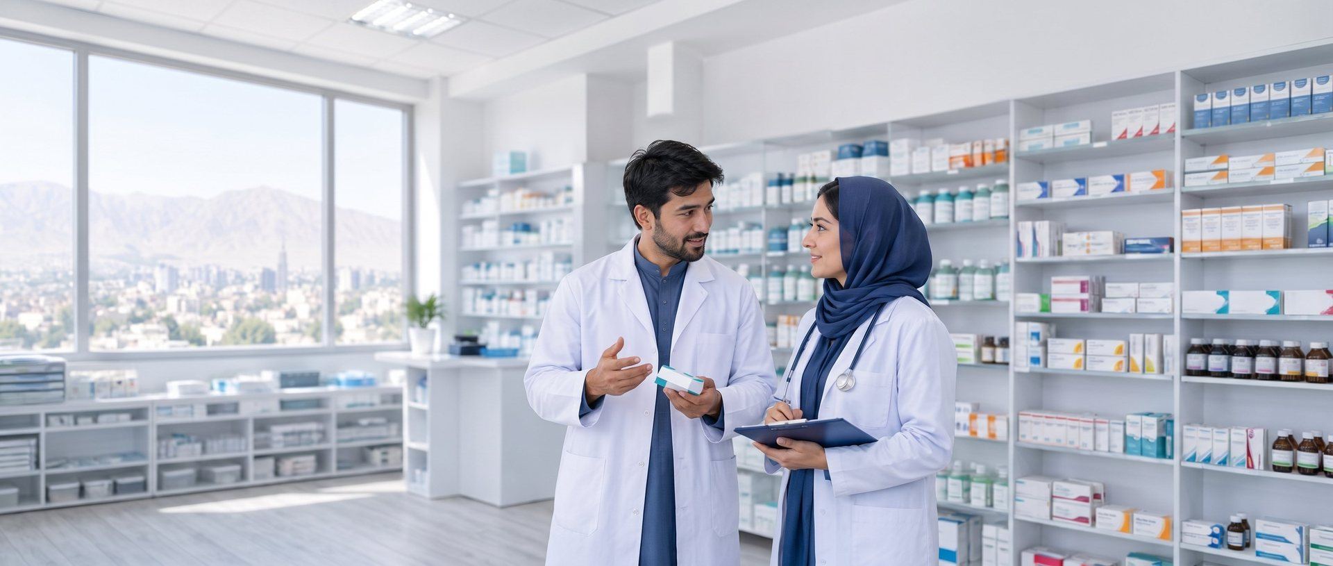 A pharmacist and a doctor talking in a modern hospital pharmacy