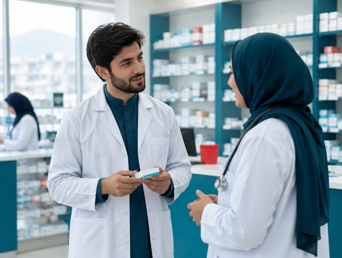 Two pharmacists checking a medicine pack at a pharmacy counter