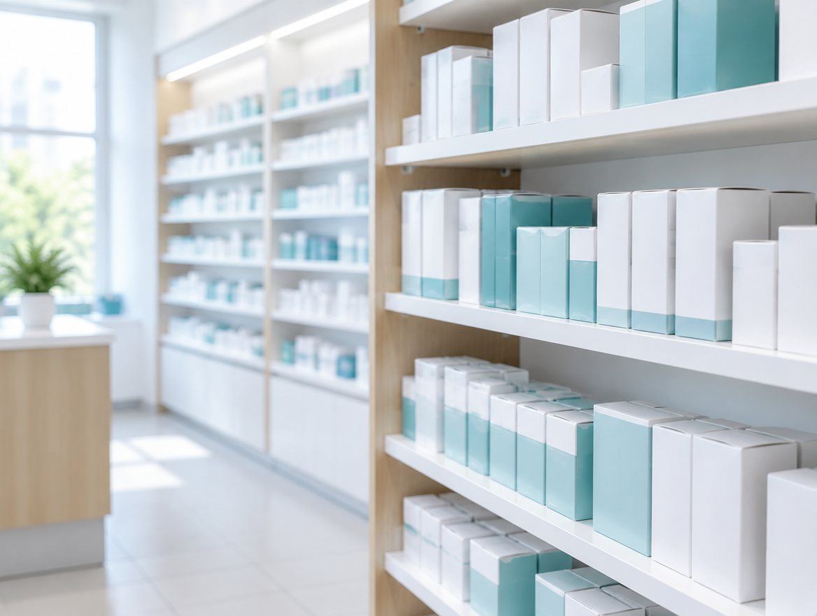 Pharmacy shelves stocked with boxed medicines