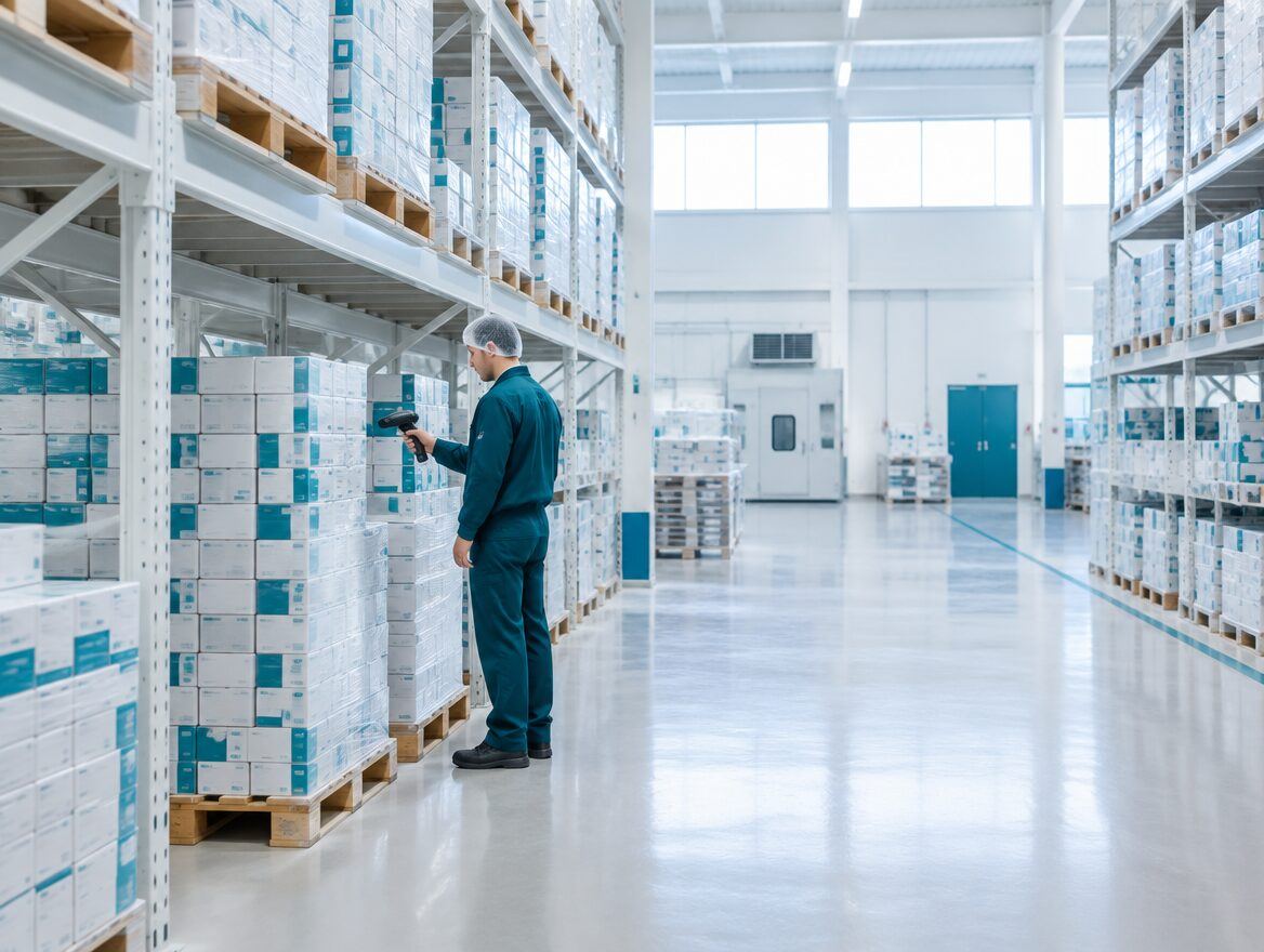 A warehouse worker checking stock among shelves of medicine cartons